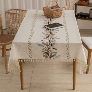 咖色螺旋北欧简约长方形桌布棉麻A绣花餐桌布流苏花边茶几装饰盖
