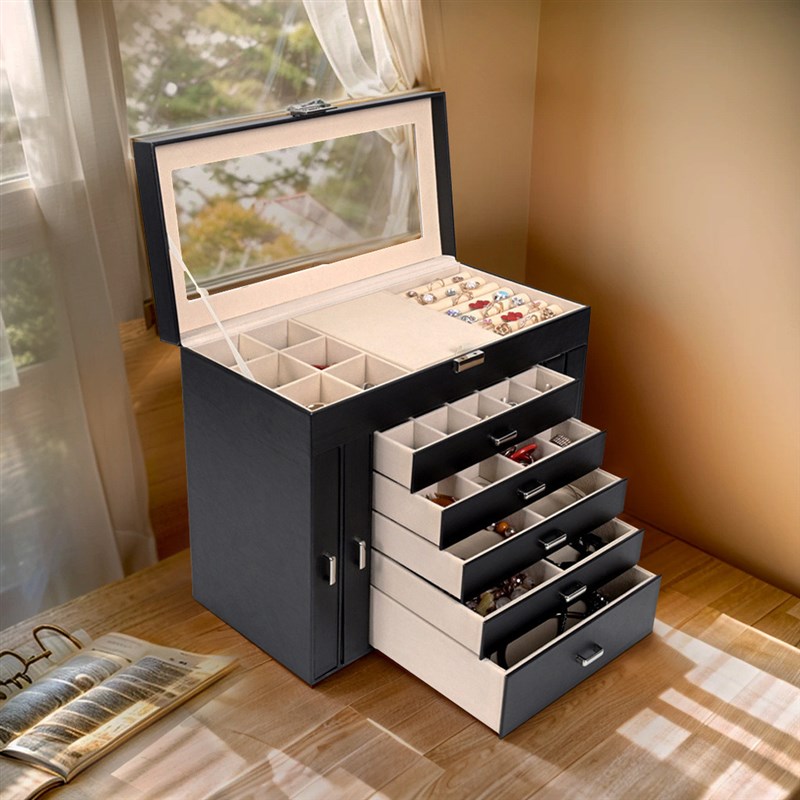 新款六层皮质四抽屉珠宝w首饰盒高端大容量首饰珠宝收纳盒
