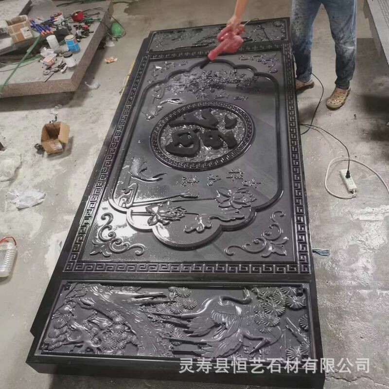 山西黑花岗c岩别墅坚硬墙雕刻中国黑石材异形雕刻亮度高石质影壁