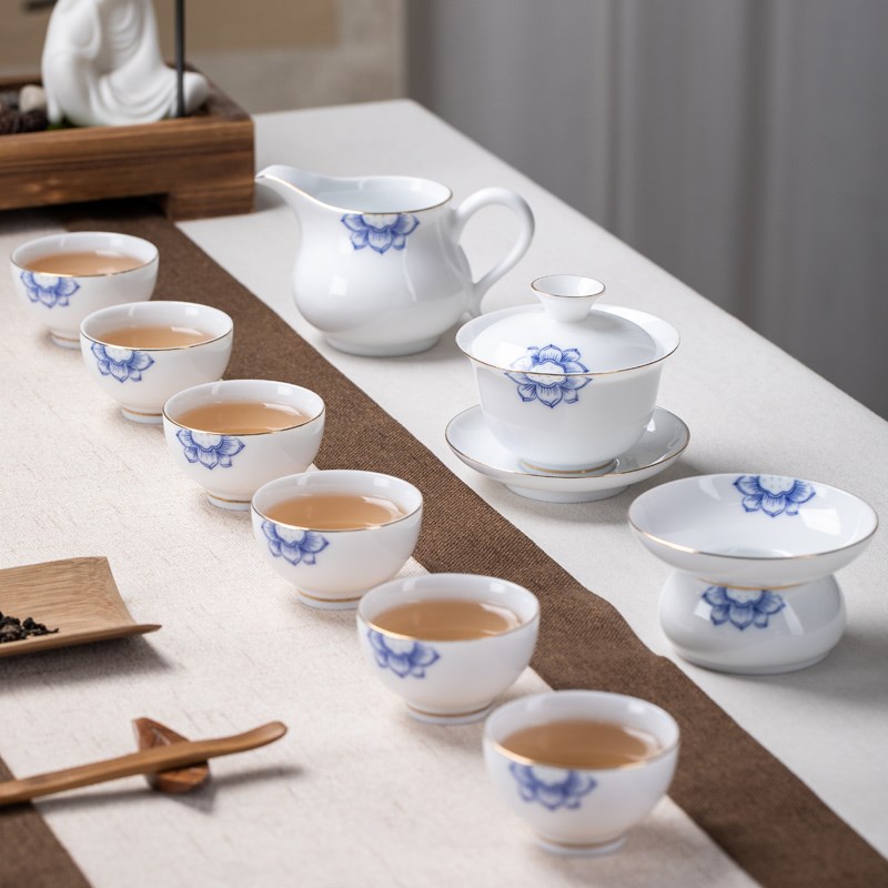 中式白瓷功夫茶具套装家用青花瓷泡茶壶N盖碗茶杯整套薄胎描金
