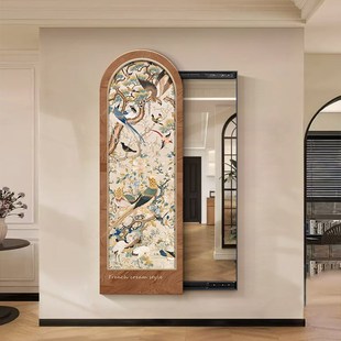 中古风推拉镜子挂画百鸟图玄关z装饰画隐藏式全身镜法式穿衣镜壁