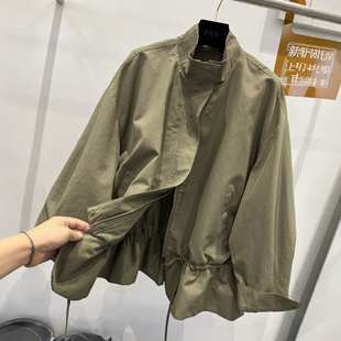 欧货2026春季新款立领拉链抽绳时尚宽松休闲中长款风衣外套女上衣