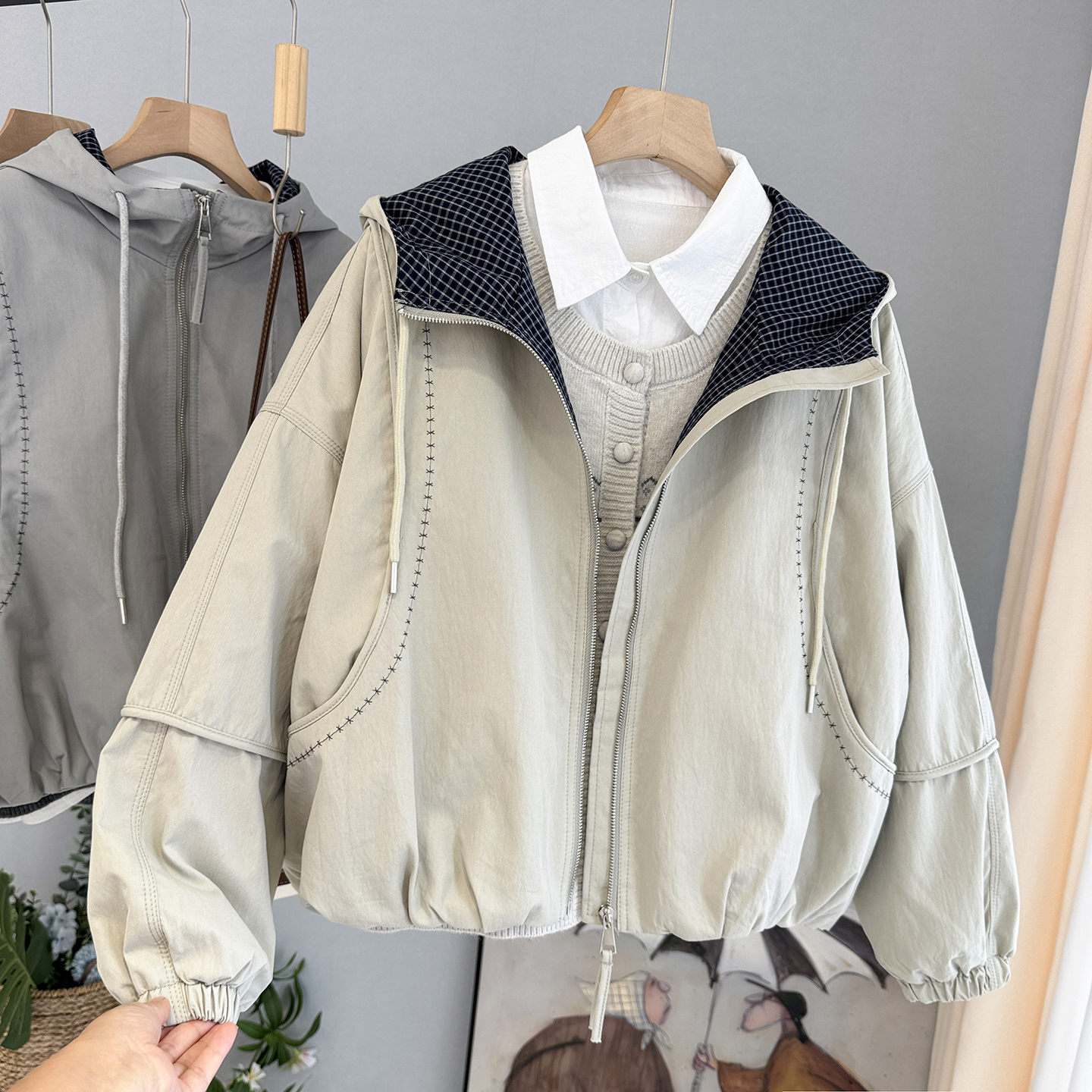 明线设计加棉外套女2025秋冬新款韩版宽松连帽夹克时尚休闲上衣潮