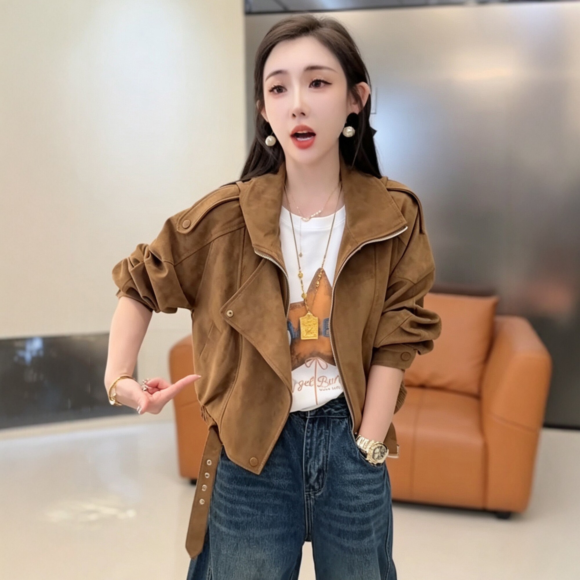 韩系休闲时尚麂皮绒外套女短款上衣2026秋冬季新款宽松棒球服夹克