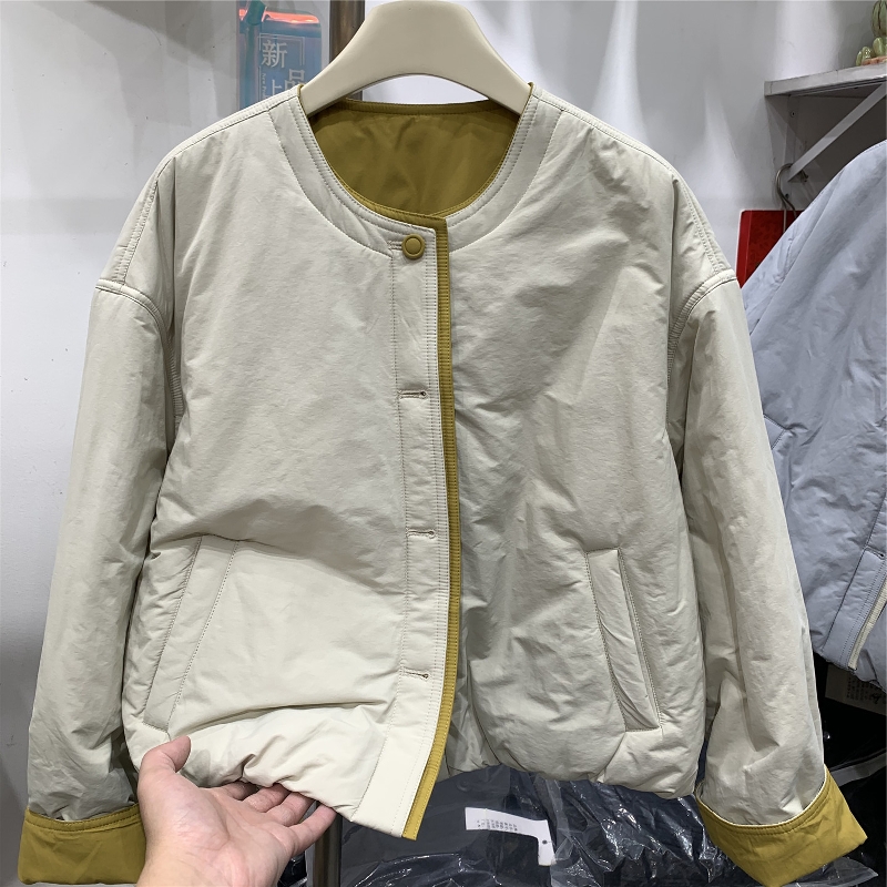 韩系糖果色单排扣拼色棉服外套