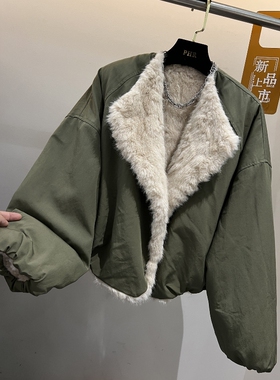 欧货2025年冬季新款大翻领开衫绒毛毛两面穿设计加绒保暖短外套女