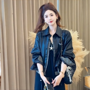 上衣女 格子拼接休闲皮夹克短款 假两件皮衣外套女2026春秋新款 美式