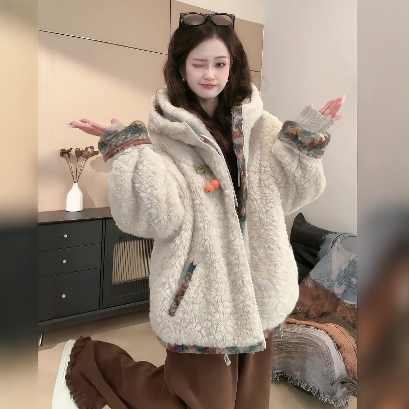 韩版复古双面穿撞色羊羔毛外套女2025秋冬新款费尔岛时髦加厚上衣