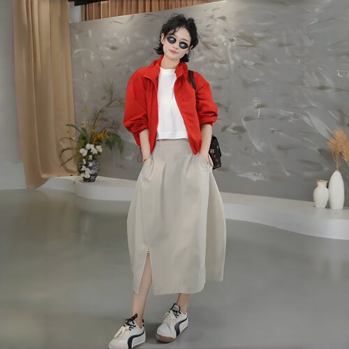 春夏韩系高腰中长开叉A字半身裙