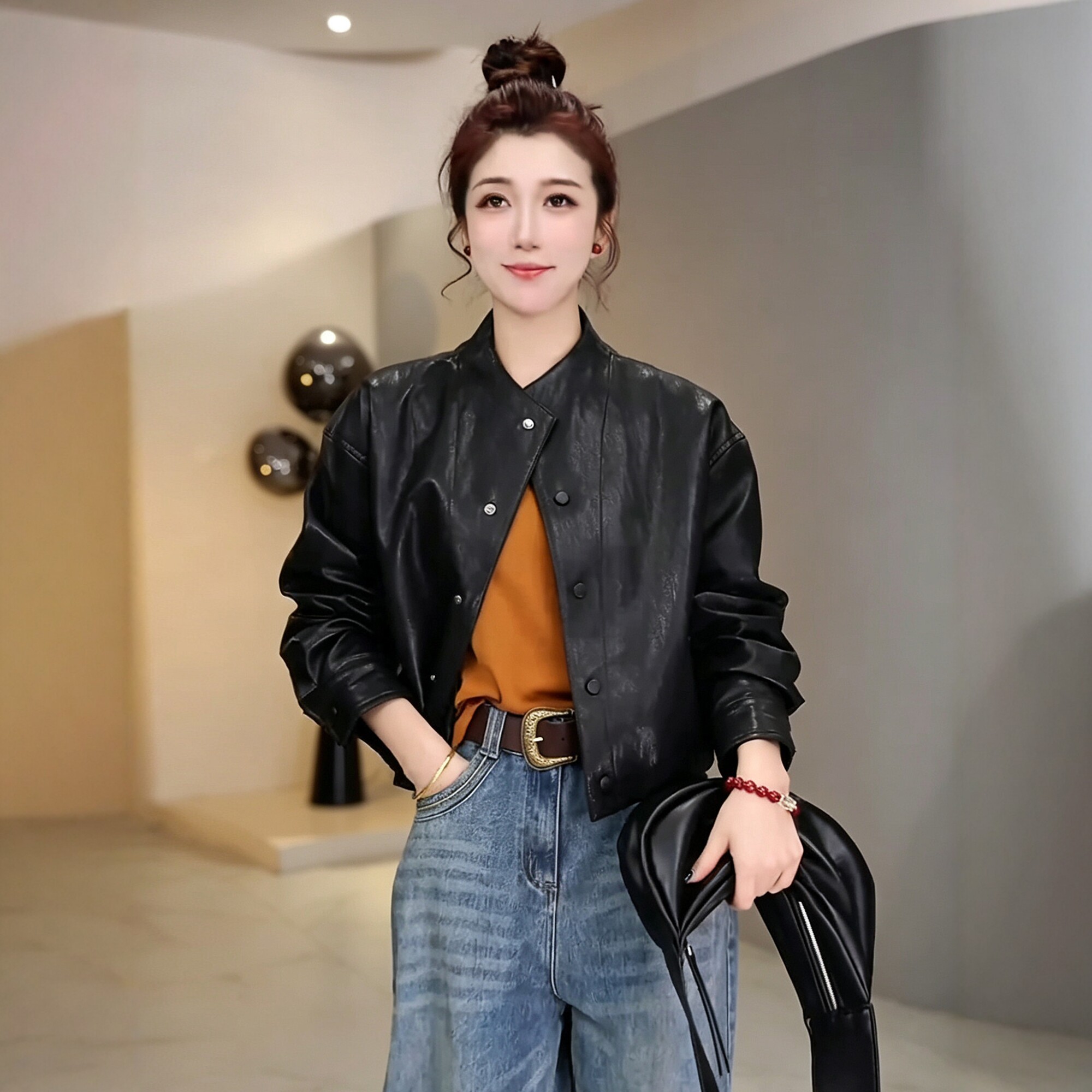 百搭时尚黑色皮衣外套女2026秋冬季新款机车服休闲宽松pu夹克上衣