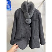 新款 欧洲站西装 毛呢外套女2025冬季 高级感配真毛围脖白鸭绒呢大衣