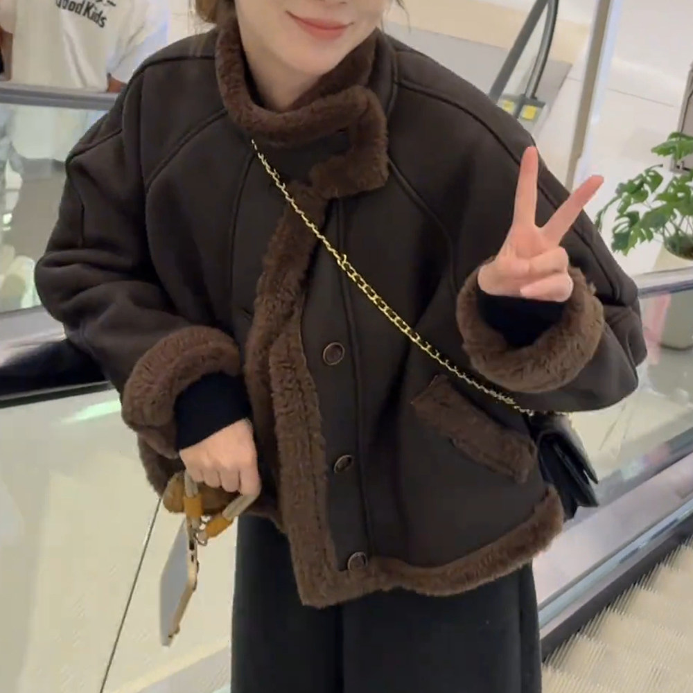 2025秋冬季新款韩版皮毛一体羊羔毛短款外套女加厚立领机车服上衣