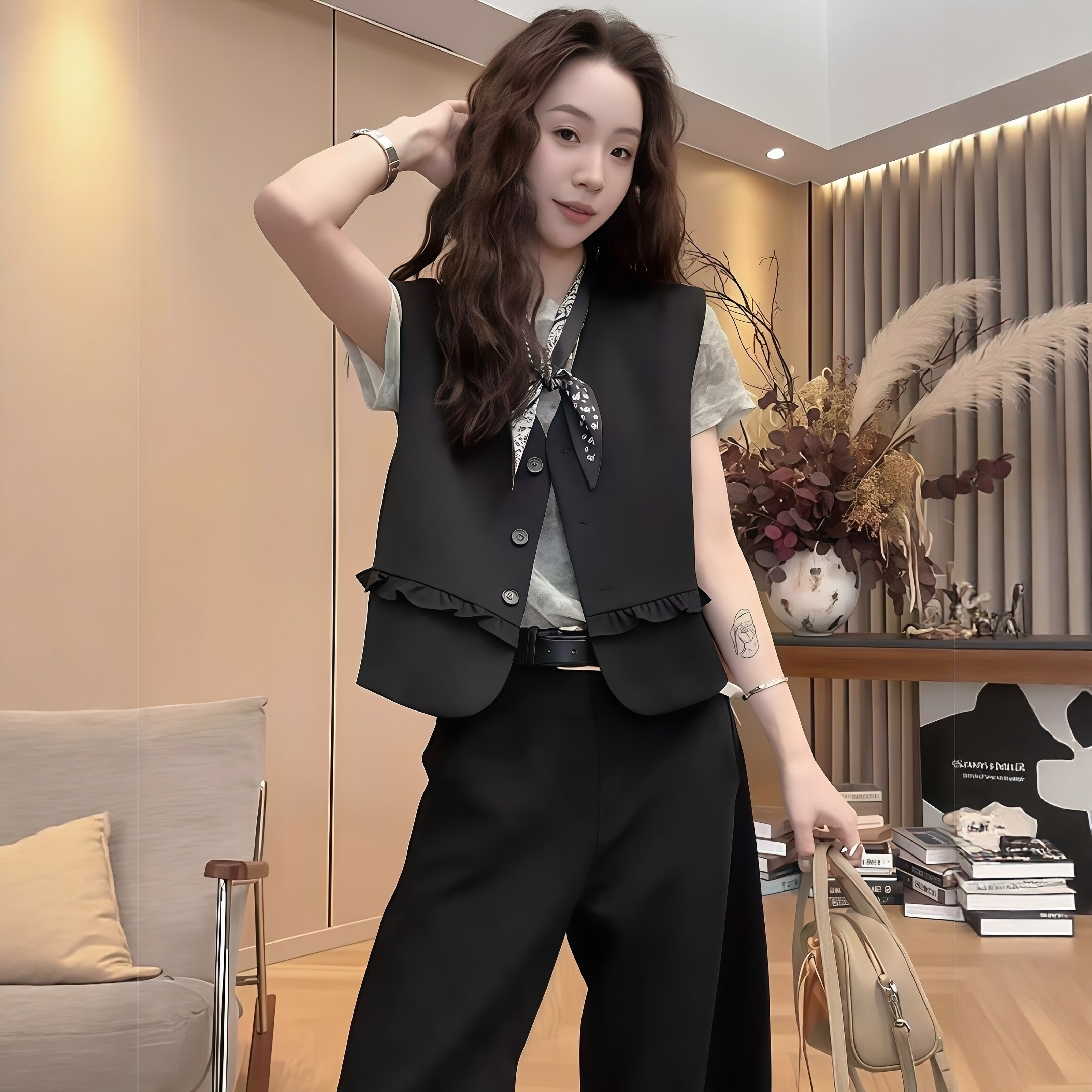 韩系高级感木耳边西装马甲女2026夏薄款显瘦百搭黑色外穿无袖上衣
