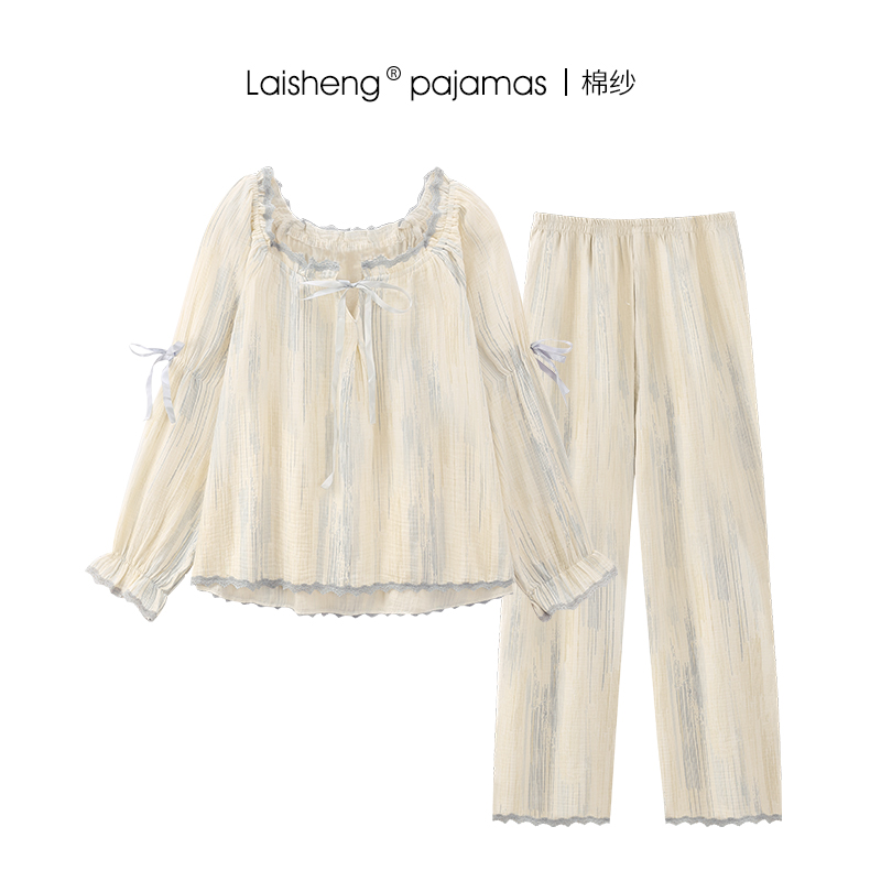 法式宫廷风双层纱布棉纱睡衣女春秋纯棉长袖全棉婴儿棉绵绸家居服