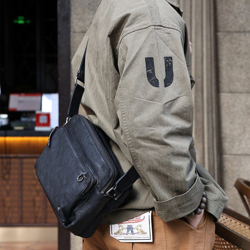 玩爷斜挎包大容量男士单肩包真皮横款商务跨肩包头层牛皮休闲背包