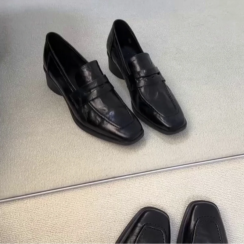千紫阁女鞋店复古英伦风粗跟一脚蹬懒人小皮鞋方头中跟时尚乐福鞋