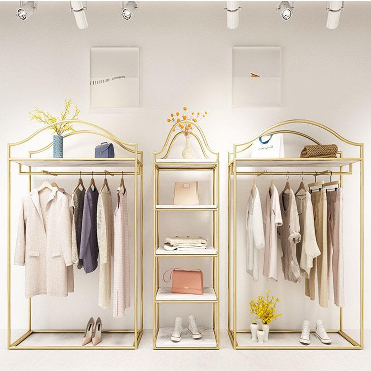服装店展示架落地式陈列衣服架子双层挂衣架女装店金色高柜货架