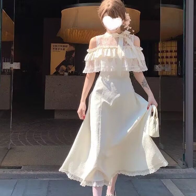 蕾丝甜美设计斗篷连衣裙气质夏季新款蝴蝶结短袖收腰显瘦长裙