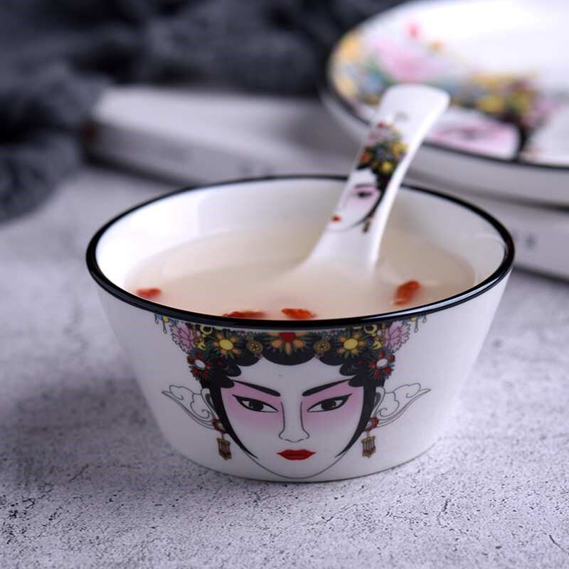 创意中国风瓷器国粹京剧脸谱系列餐具摆台四件Q套汤碗茶杯菜盘勺
