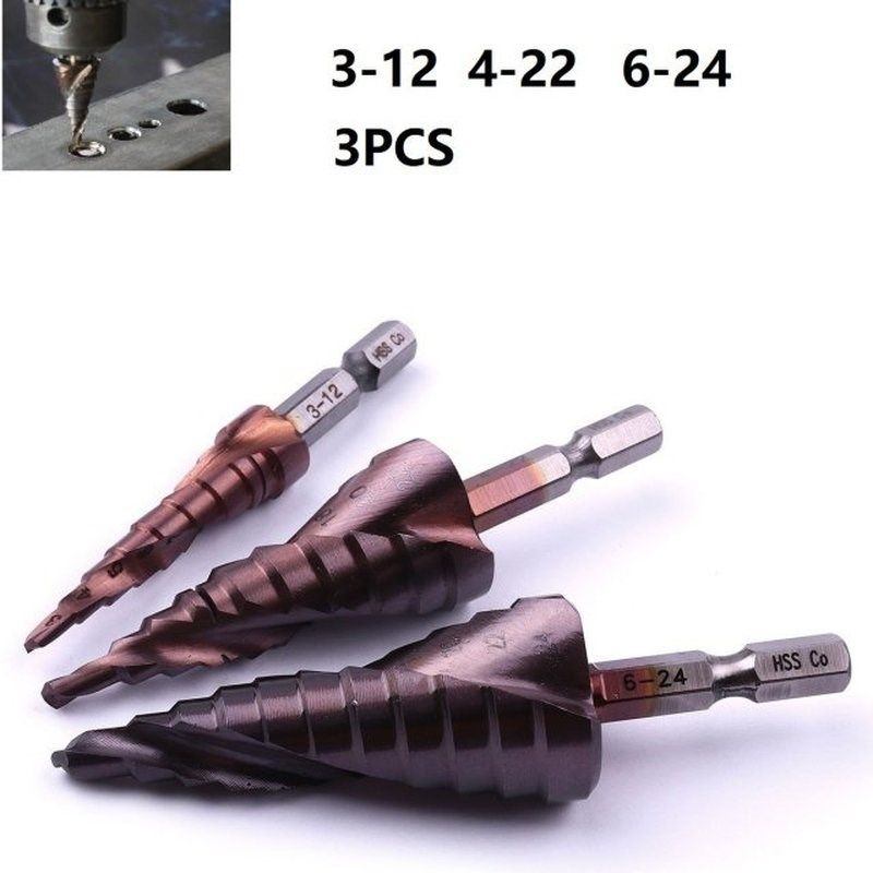 3PCS Cobaglt Step Drill Bit 3-12mm 4-22mm 6-24mm HSS-CO HSS