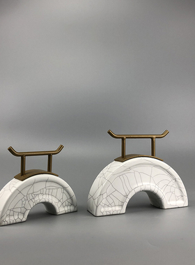 现代新中式家居软装饰品办公室样板房间玄关陶Q瓷铁艺创意拱桥摆
