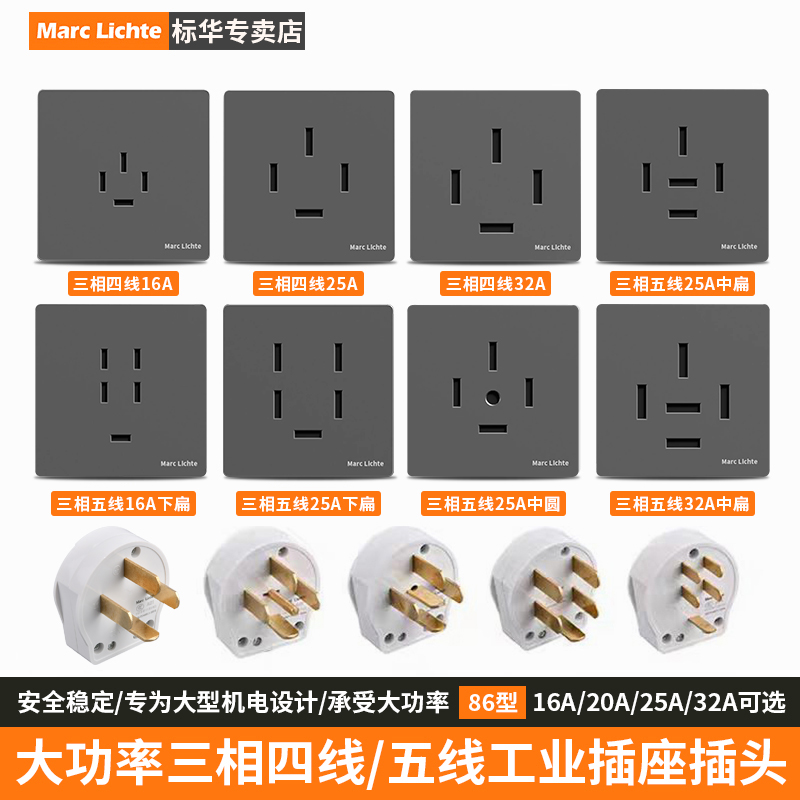 大功率三相五线插头插座灰色面板