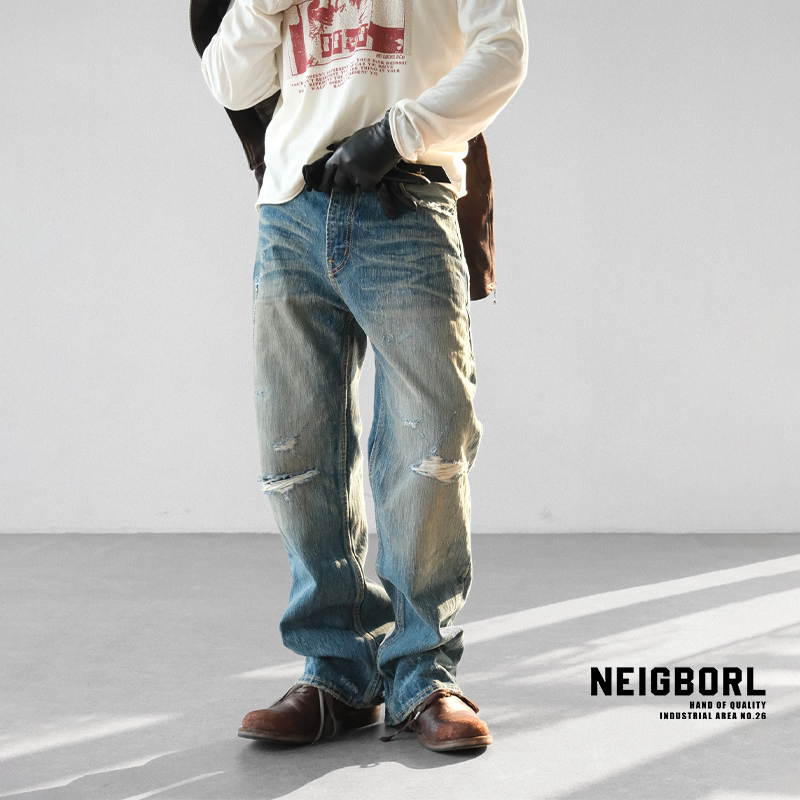 【和牛二代】NEIGBORL钊叔制美式复古刮烂破洞重磅纯棉红边牛仔裤