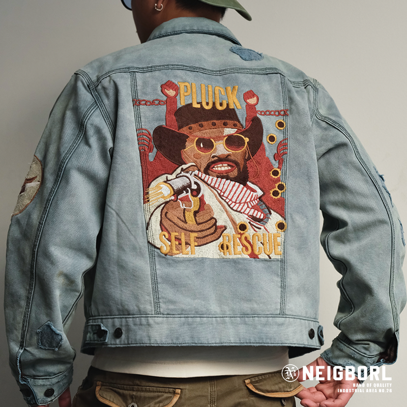 【解救姜戈】NEIGBORL钊叔制复古洗水重磅绣花贴布牛仔夹克外套,男装,牛仔外套,淘宝优惠券,粉丝福利购,淘宝优惠卷