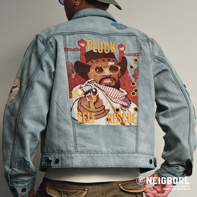 洗水重磅绣花贴布牛仔夹克外套