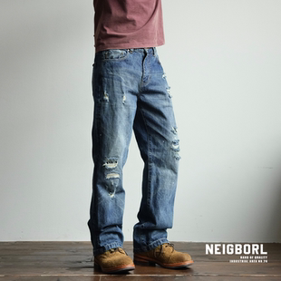【德州矿场】NEIGBORL钊叔制做旧磨破红边赤耳泼墨宽松直筒牛仔裤