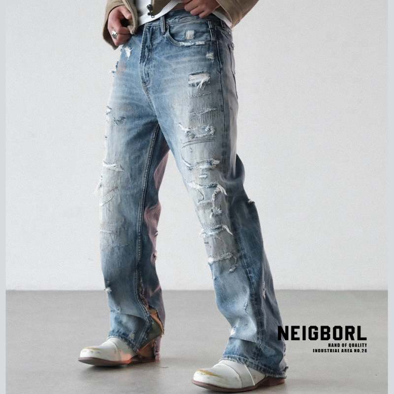 【黑暗教堂】NEIGBORL钊叔制美式复古做旧磨破补丁休闲牛仔裤