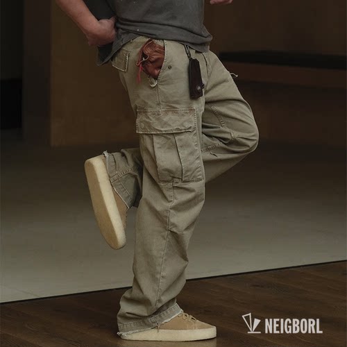 耐磨水洗军绿色直筒古着工装裤