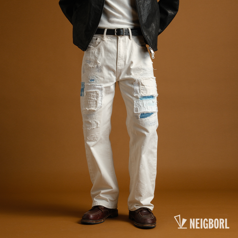 美式做旧刮破贴布泼墨直筒牛仔裤