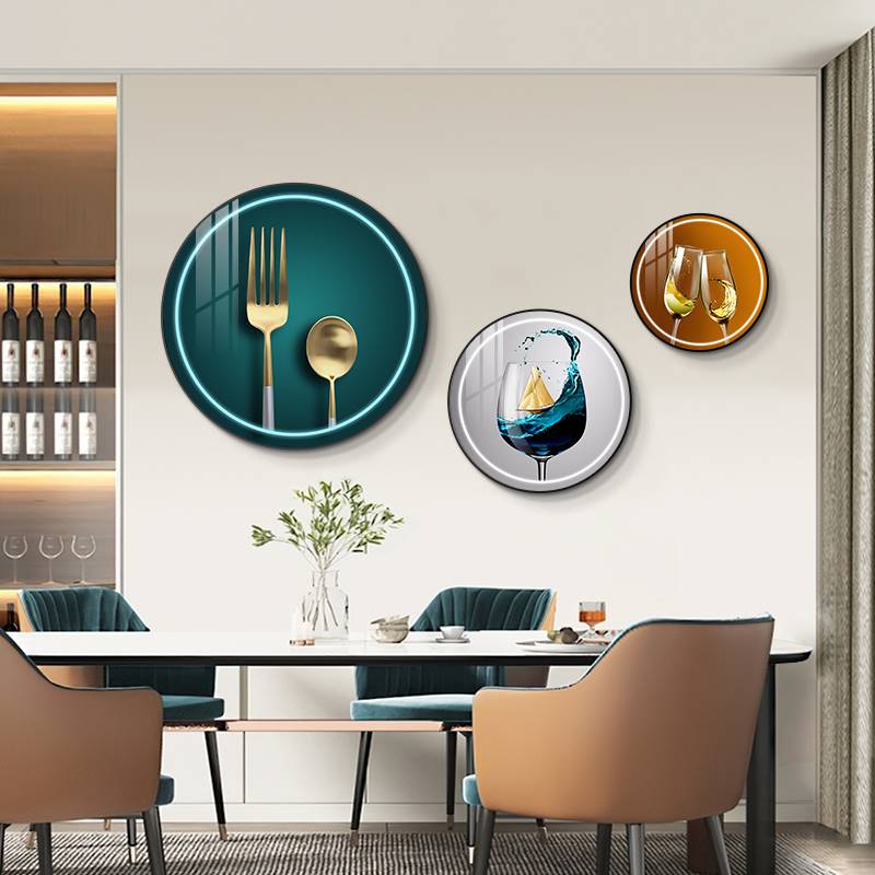 现代简约b餐厅装饰画创意酒杯饭店墙画圆形三联画歺厅餐桌玄关挂图片
