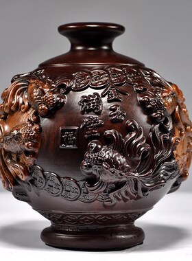 黑檀木雕金玉满堂花瓶摆件年年有鱼客厅插花装Q饰家居实木质工艺
