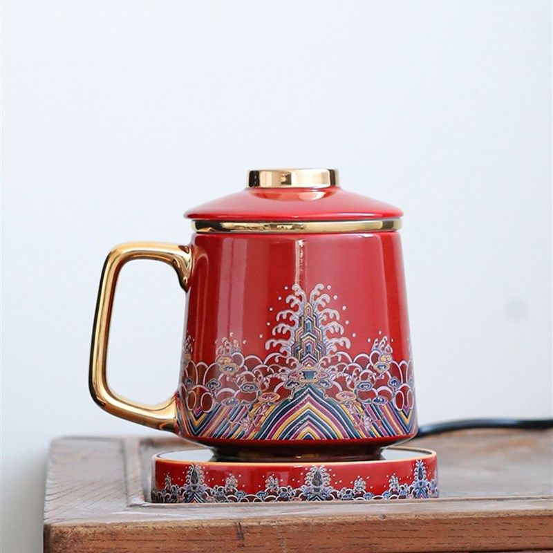 珐琅彩马克杯泡i茶杯陶瓷带盖茶水分离家用轻奢高档加热恒温杯垫,餐饮具,马克杯,淘宝优惠券,粉丝福利购,淘宝优惠卷