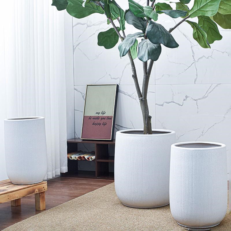 条纹特大号陶瓷花盆大口径高深琴叶榕F树透气家用庭院落地客厅白