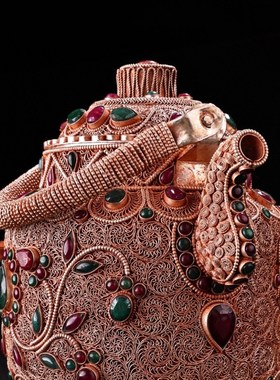 旧藏收藏传工艺打造花丝工艺镶嵌宝石藏银茶壶W古玩老货收藏