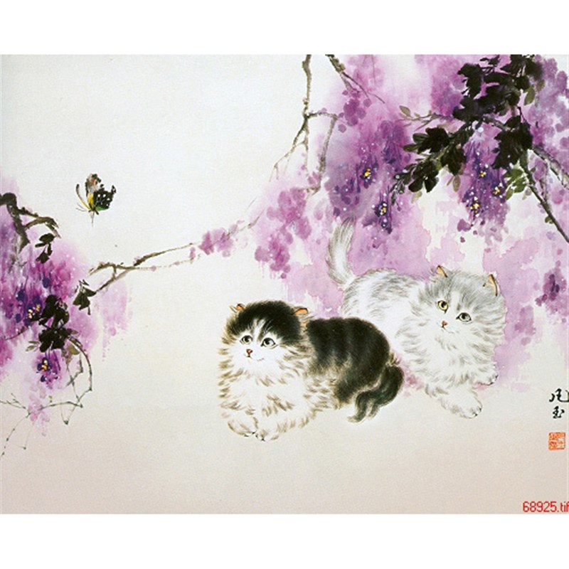 苏绣DIY套件初学 m猫与蝶 紫藤猫咪 客厅卧室餐厅书房 刺绣装饰画图片