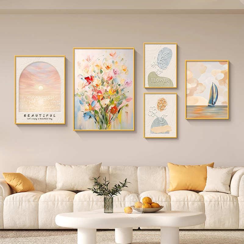 彩色花卉b沙发背景墙装饰画奶油风肌理感海浪客厅挂画新款组合壁图片