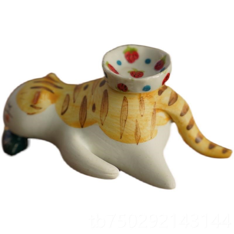 有饭小通喵咪茶宠摆件陶碗瓷卡手办H潮玩礼物家茶居盖置针架可