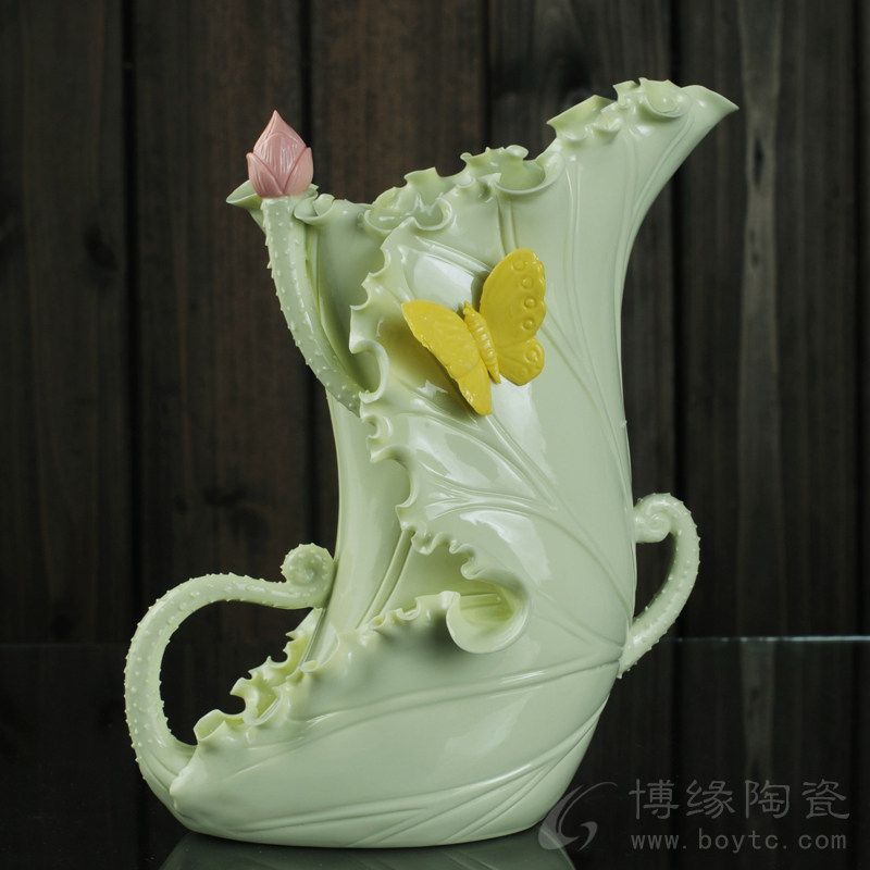 荷叶瓶 德化陶瓷双耳荷叶花瓶插花花器家居办公软X装饰桌面摆件,家居饰品,装饰摆件,淘宝优惠券,粉丝福利购,淘宝优惠卷