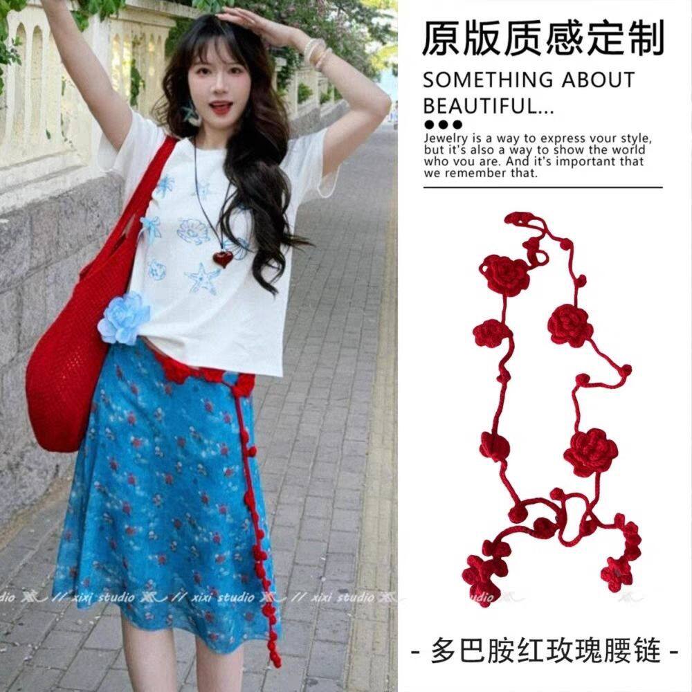 夏季玫瑰花针织项链细窄手工长条毛线腰带围脖钩花链配饰百搭