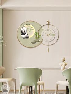 斯堪 饰绘画熊猫与时钟组合绘画餐厅餐桌墙壁绘画无 纳维亚餐厅装