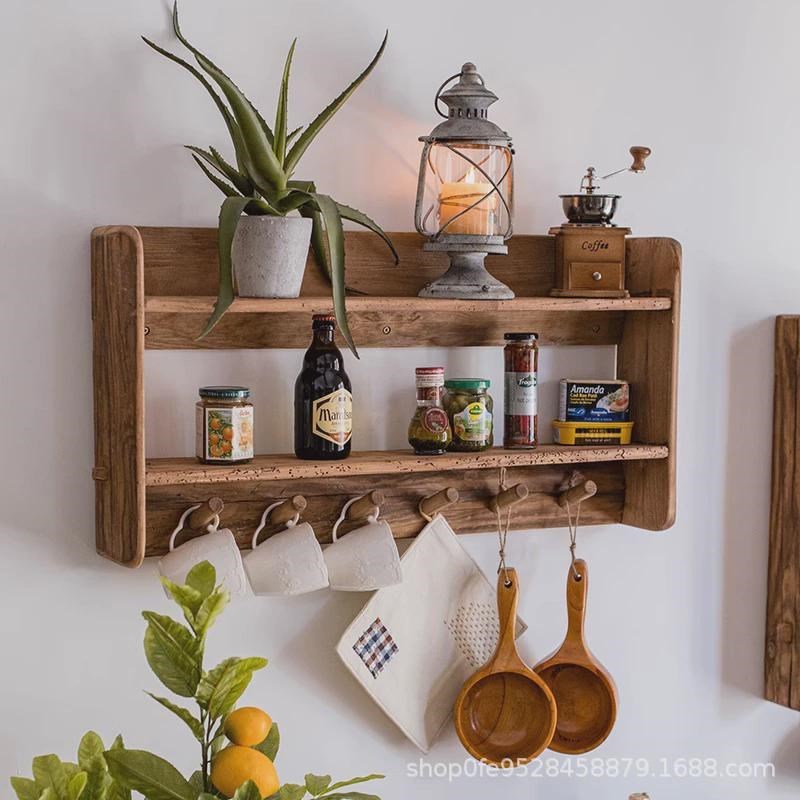 实木置物架天然旧墙面壁柜吊柜厨房木多L功能挂架木制覆古展示柜