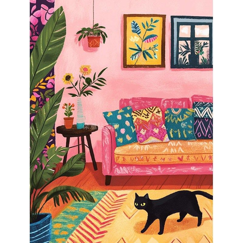 2024新款DIYm粘贴钻方钻满钻钻石画钻石绣浪漫粉色房间的黑色猫咪,居家布艺,钻石绣,淘宝优惠券,粉丝福利购,淘宝优惠卷