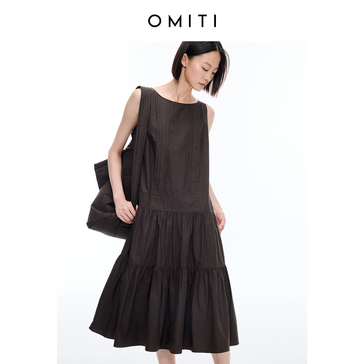 OMITI省略 度假感清爽透气船领无袖连衣裙A字中长款拼接背心裙夏
