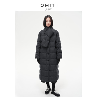OMITI省略 高阶亚麻中长款白鹅绒羽绒服女冬季新款过膝保暖外套