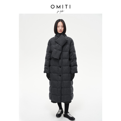 高阶亚麻中长款白鹅绒羽绒服女