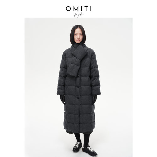 高阶亚麻中长款白鹅绒羽绒服女